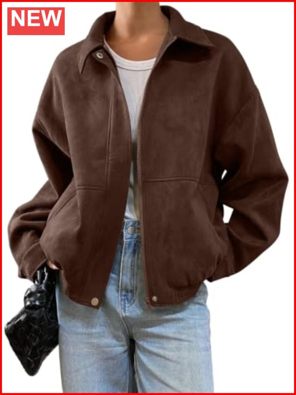 Faux Suede Bomber Jacket Oversized Cropped Zip Up Coat